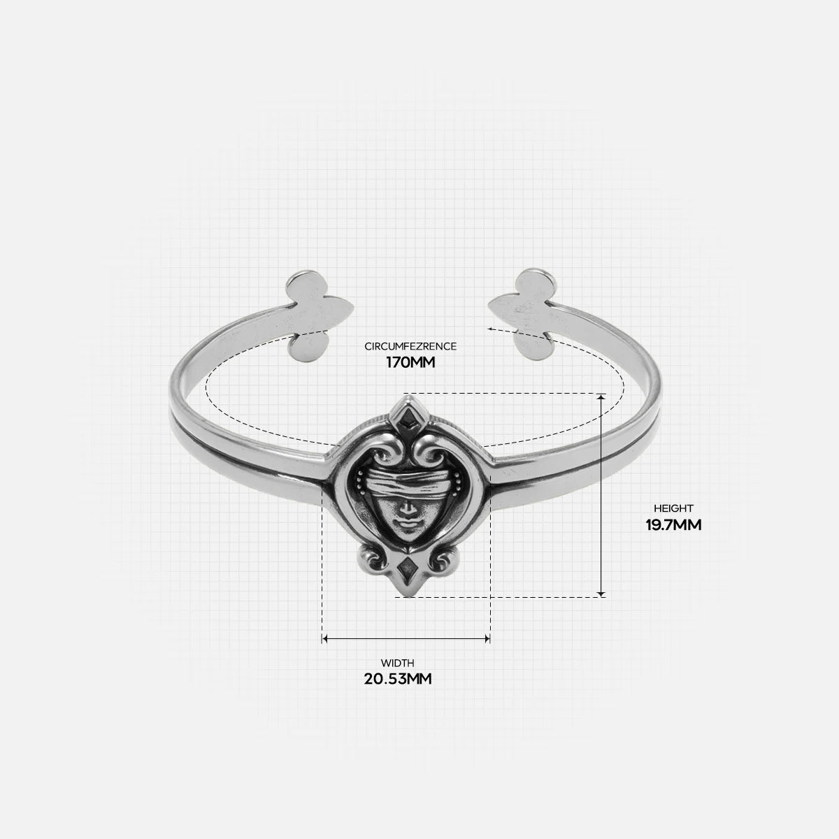 Size guide for the antiqued silver-tone Veiled Seer Cuff Bracelet showing the cuff width, opening, and centerpiece dimensions.