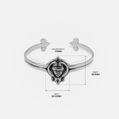 Size guide for the antiqued silver-tone Veiled Seer Cuff Bracelet showing the cuff width, opening, and centerpiece dimensions.