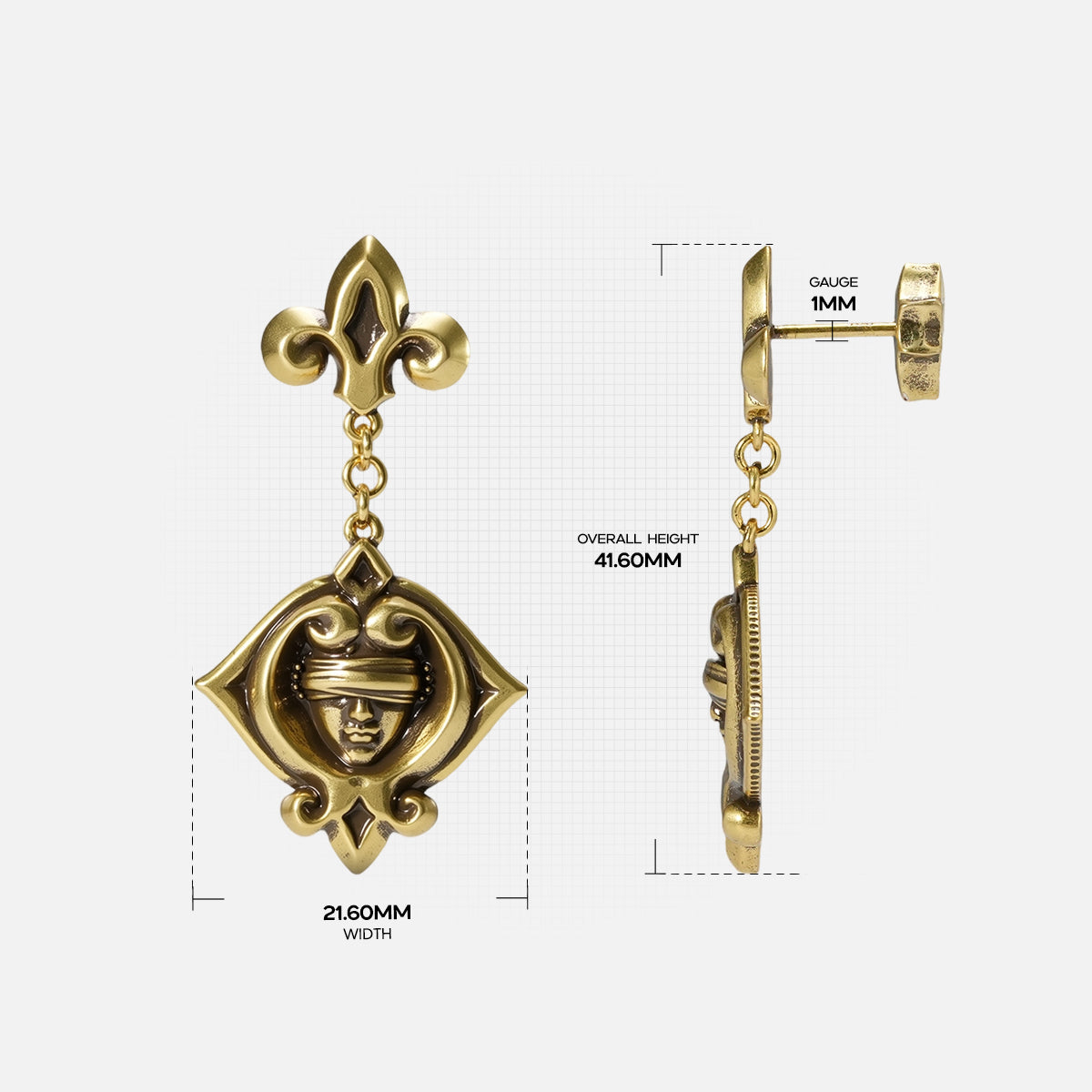 Size guide for the gold-tone Veiled Seer Drop Earrings showing the full length, front dimensions, and side profile.