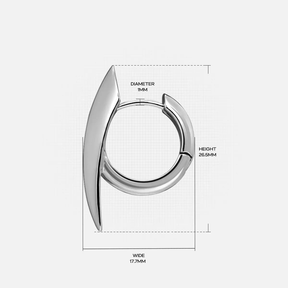 Dimension guide for the Venom Claw Earrings in 925 sterling silver, showing hoop diameter, width, and overall height.