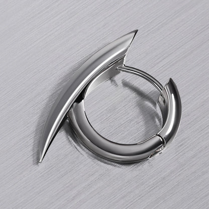 Close-up of silver Venom Claw hoop earring with curved fang-shaped outer edge