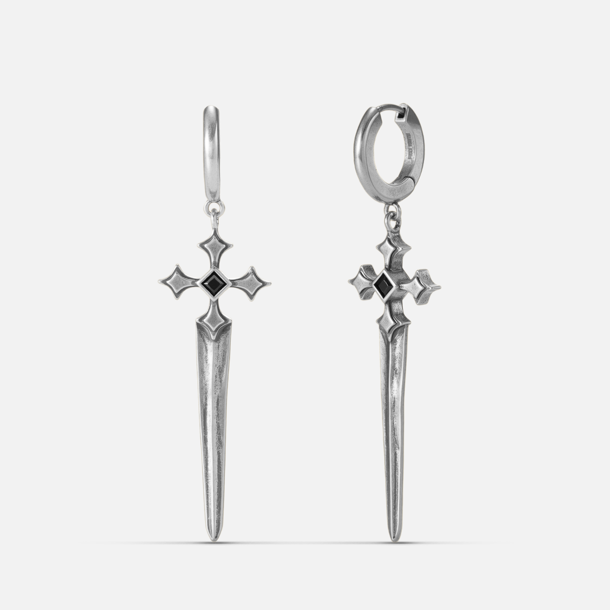 Vesper Blade Earrings in antiqued silver with long blade-shaped cross drops and black obsidian, shown front and back on white