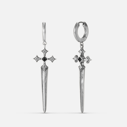 Vesper Blade Earrings in antiqued silver with long blade-shaped cross drops and black obsidian, shown front and back on white