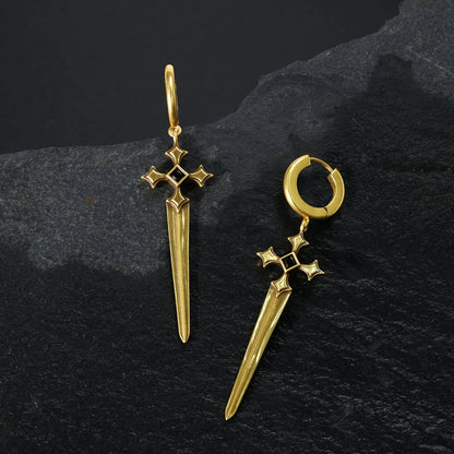Gold Vesper Blade Earrings displayed as contrasting front and back views on black textured fabric.