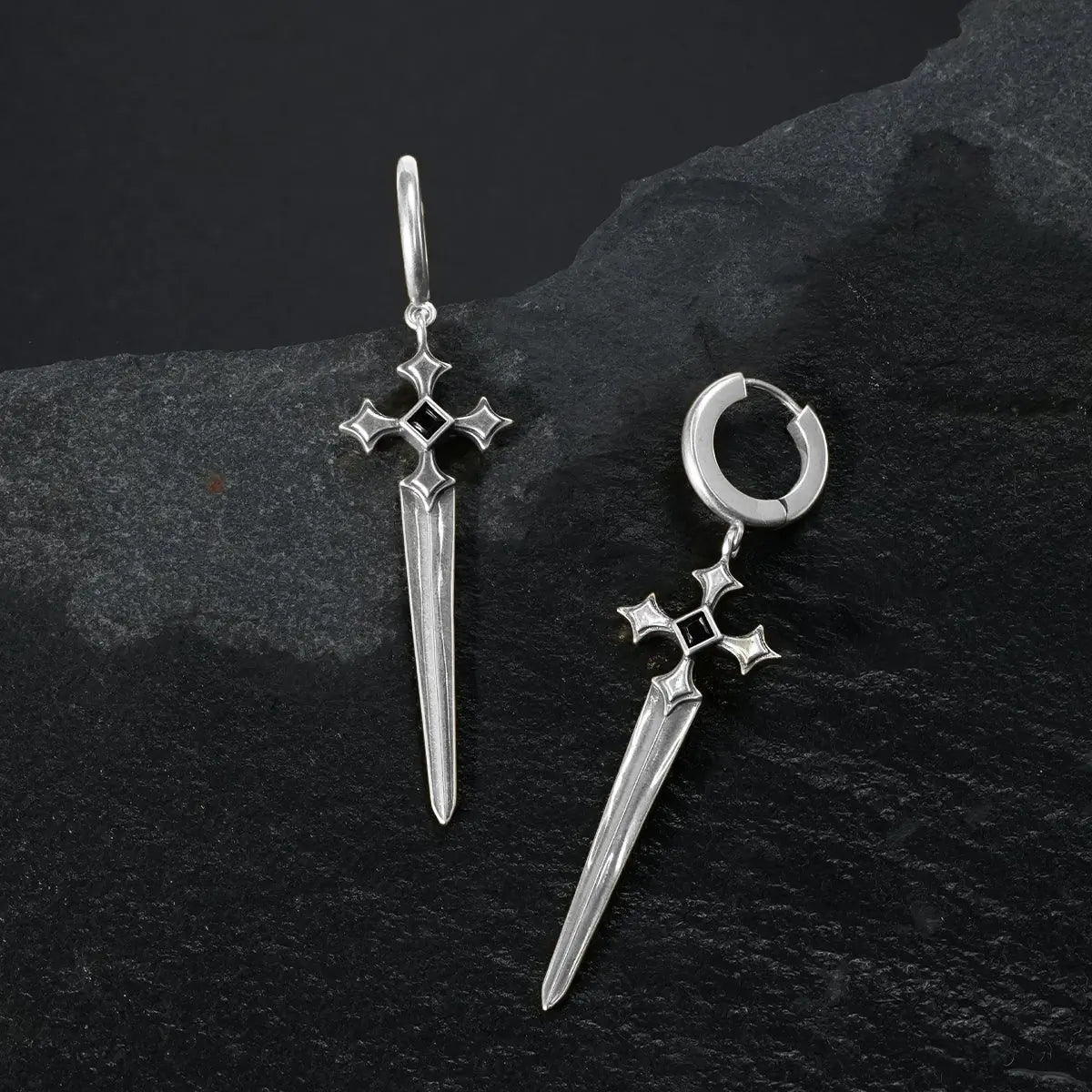 Silver Vesper Blade Earrings displayed as contrasting front and back views on black textured fabric.