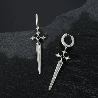 Silver Vesper Blade Earrings displayed as contrasting front and back views on black textured fabric.
