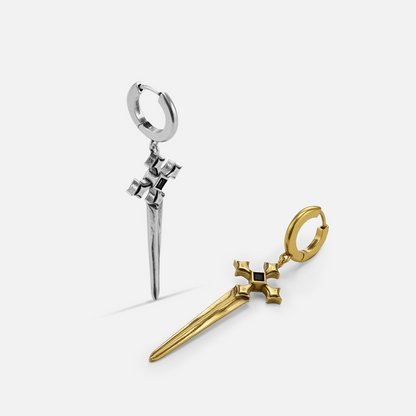 Silver and gold Vesper Blade Earrings arranged at alternate angles on white, showing the blade drops and hoop backs.