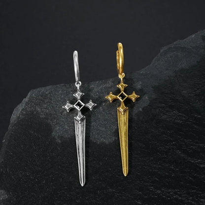 Silver and gold Vesper Blade Earrings displayed upright together on black textured fabric.