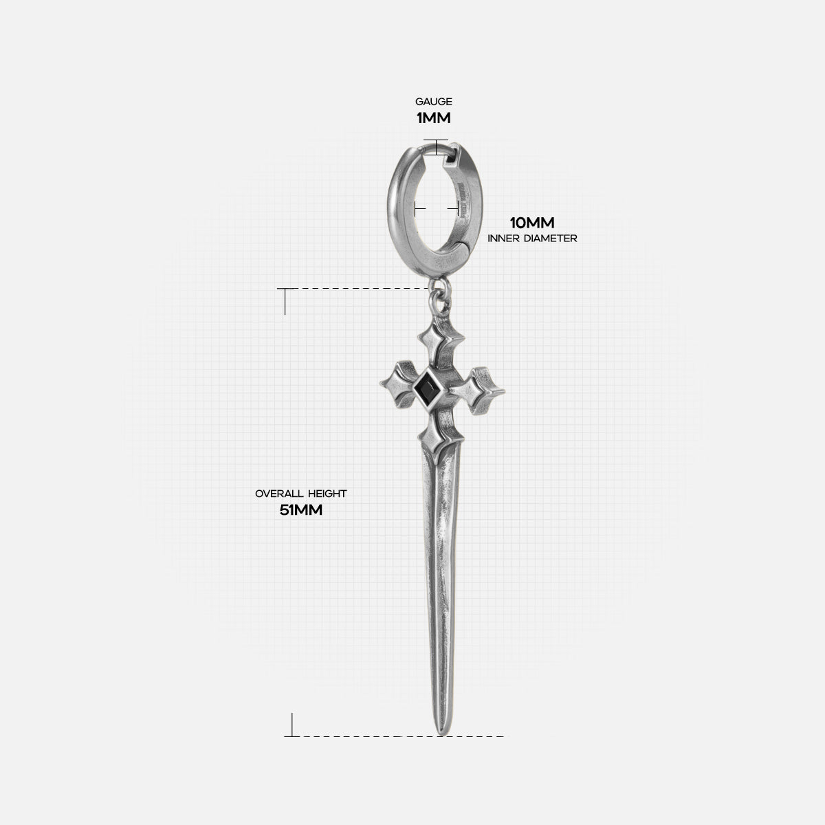 Vesper Blade Earrings measurement diagram showing the long blade drop length and earring dimensions.