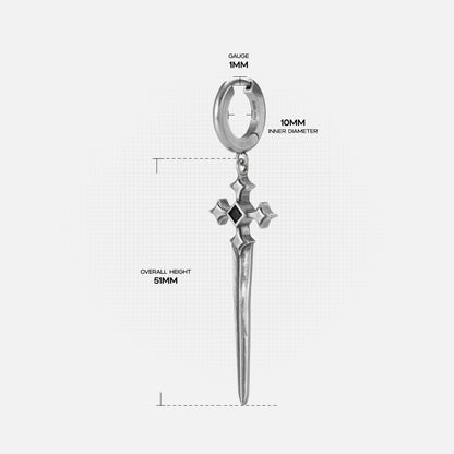Vesper Blade Earrings measurement diagram showing the long blade drop length and earring dimensions.