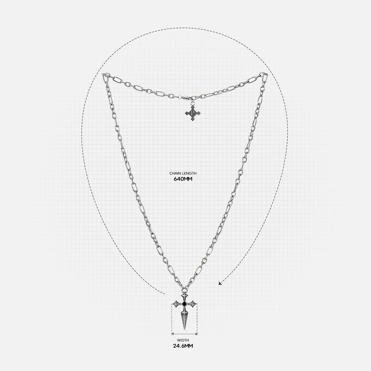Vesper Blade Necklace measurement diagram showing the chain length and blade-shaped pendant dimensions.