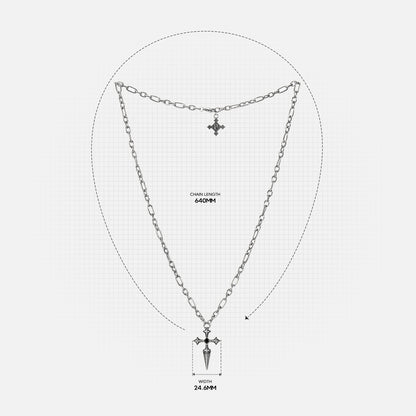 Vesper Blade Necklace measurement diagram showing the chain length and blade-shaped pendant dimensions.