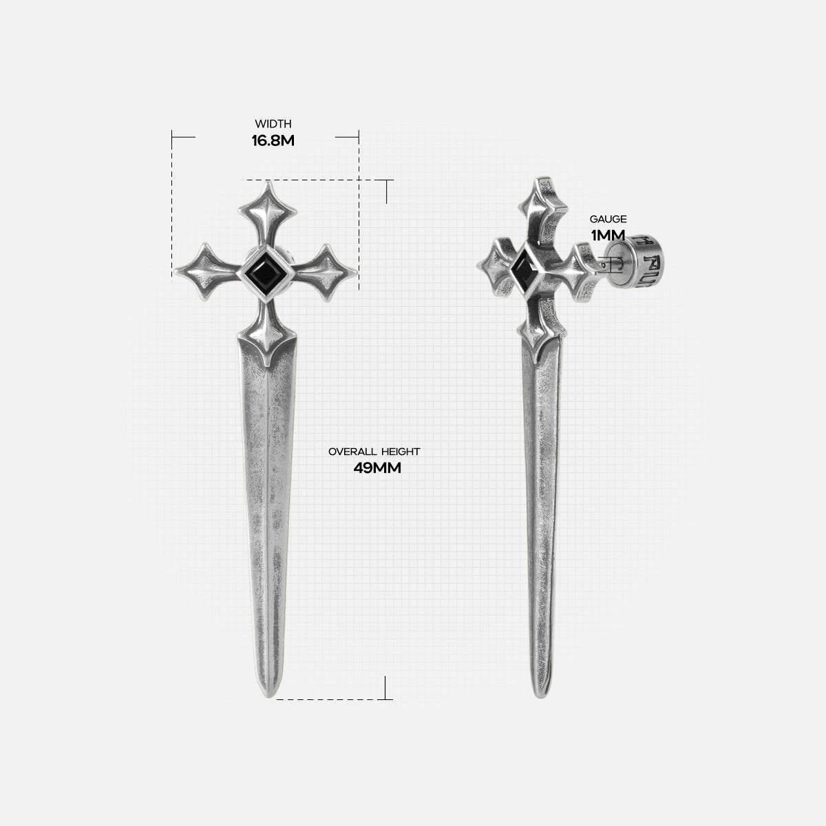 Vesper Blade Stud Earrings measurement diagram showing blade length and earring dimensions.