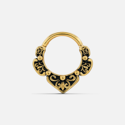 Gold-tone Victorian Bloom septum clicker with black recessed accents and ornate symmetrical scrollwork