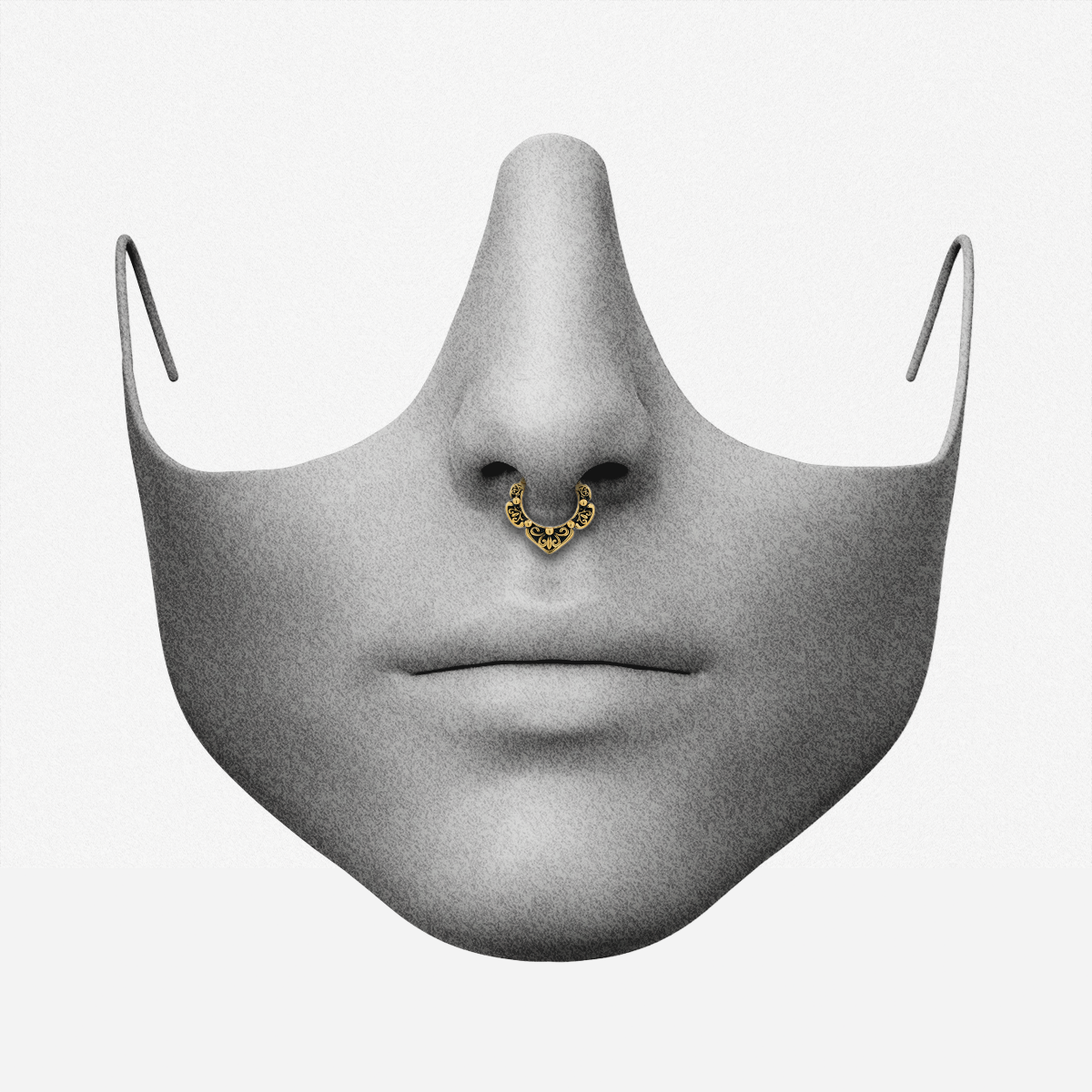 Gold Victorian Bloom clicker worn as a septum ring on a face illustration
