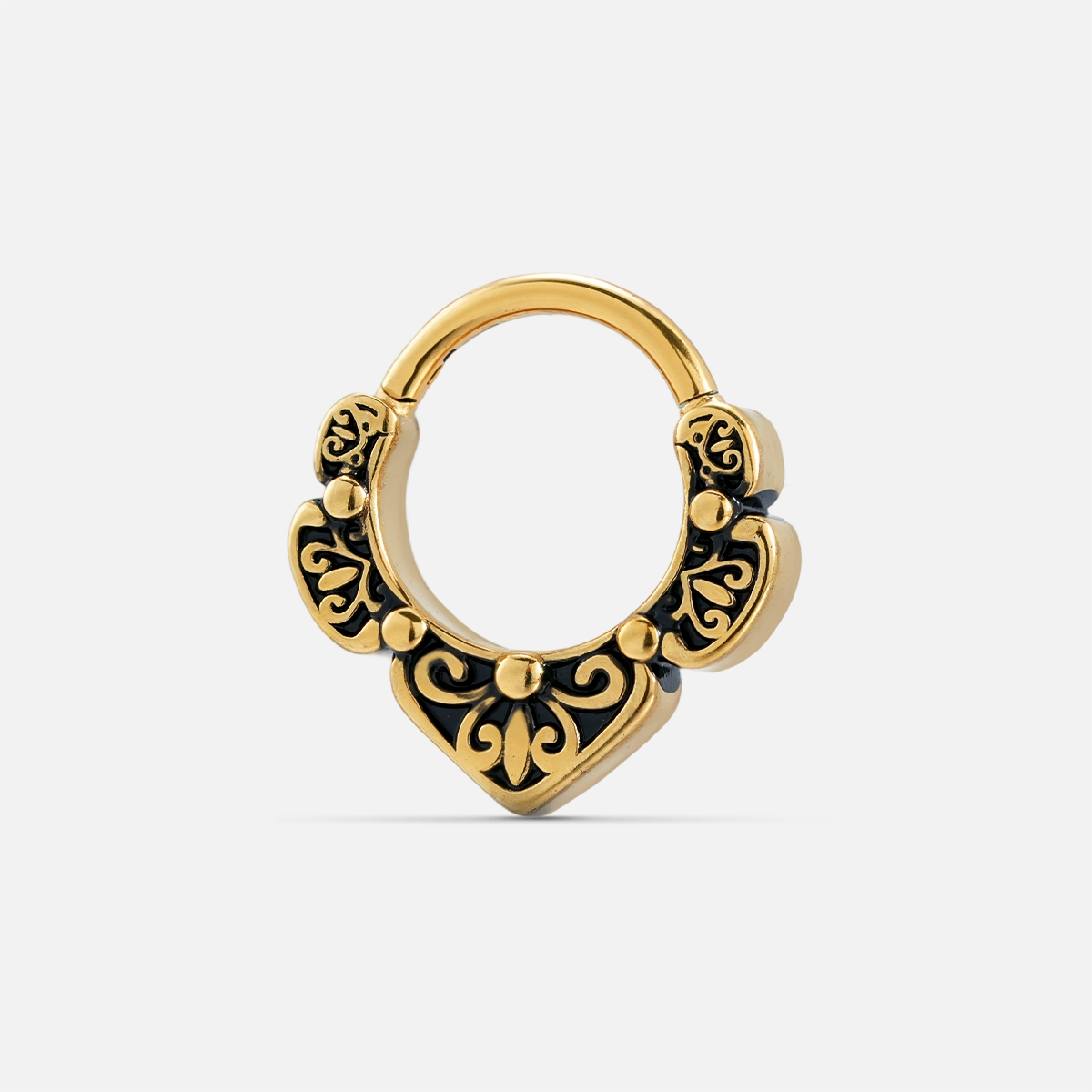 Gold Victorian Bloom clicker with black enamel scrollwork