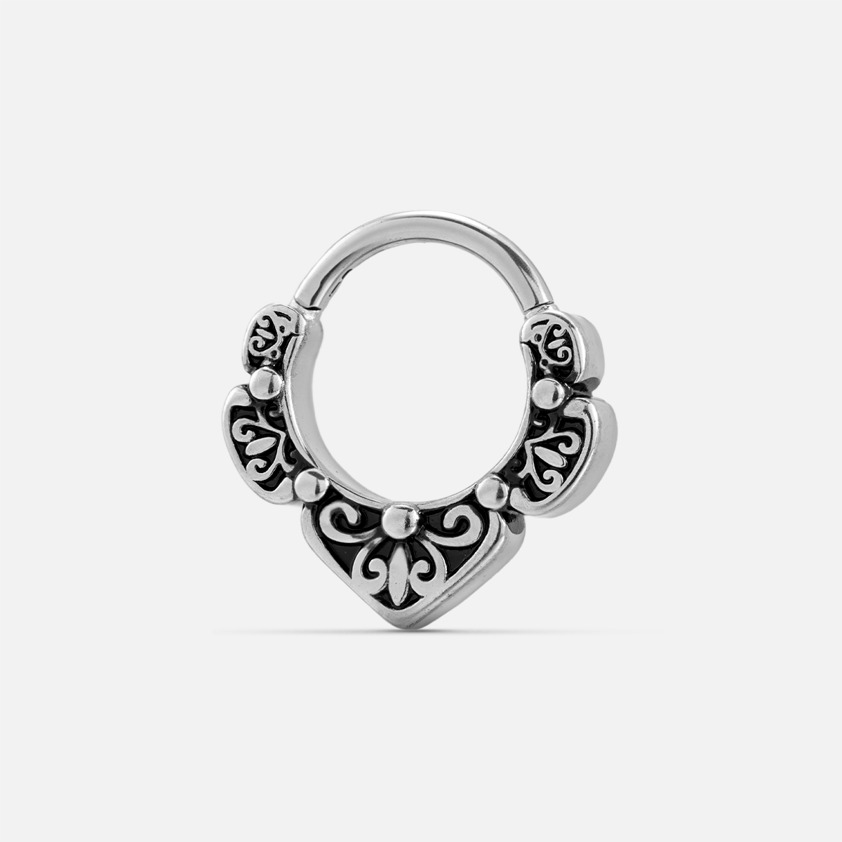 Silver Victorian Bloom clicker with black enamel scrollwork