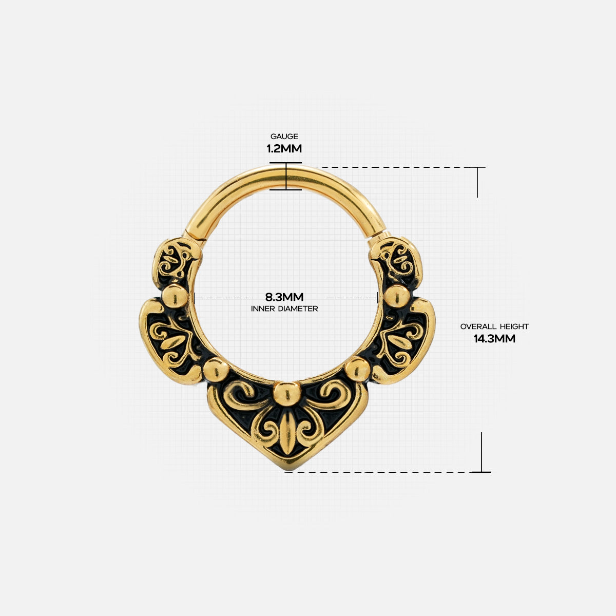 Gold Victorian Bloom clicker with black scrollwork and measurement details