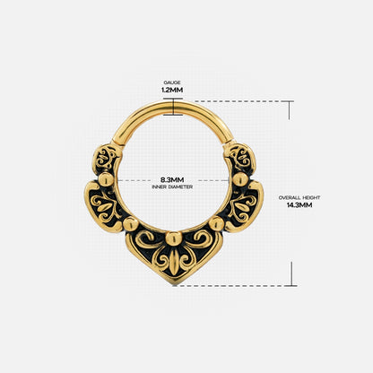 Gold Victorian Bloom clicker with black scrollwork and measurement details