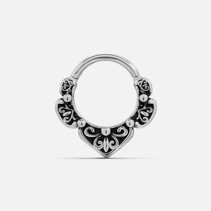Silver-tone Victorian Bloom septum clicker with black recessed details and symmetrical floral scrollwork