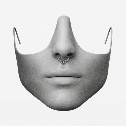 Silver-tone Victorian Bloom clicker shown on a grayscale face to demonstrate its scale in a septum piercing