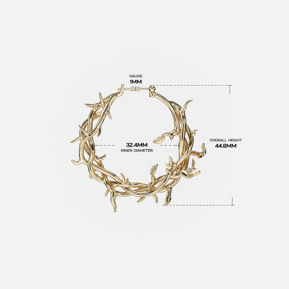 Gold-tone Vine Whispers thorn hoop earring dimension guide showing inner diameter and overall height