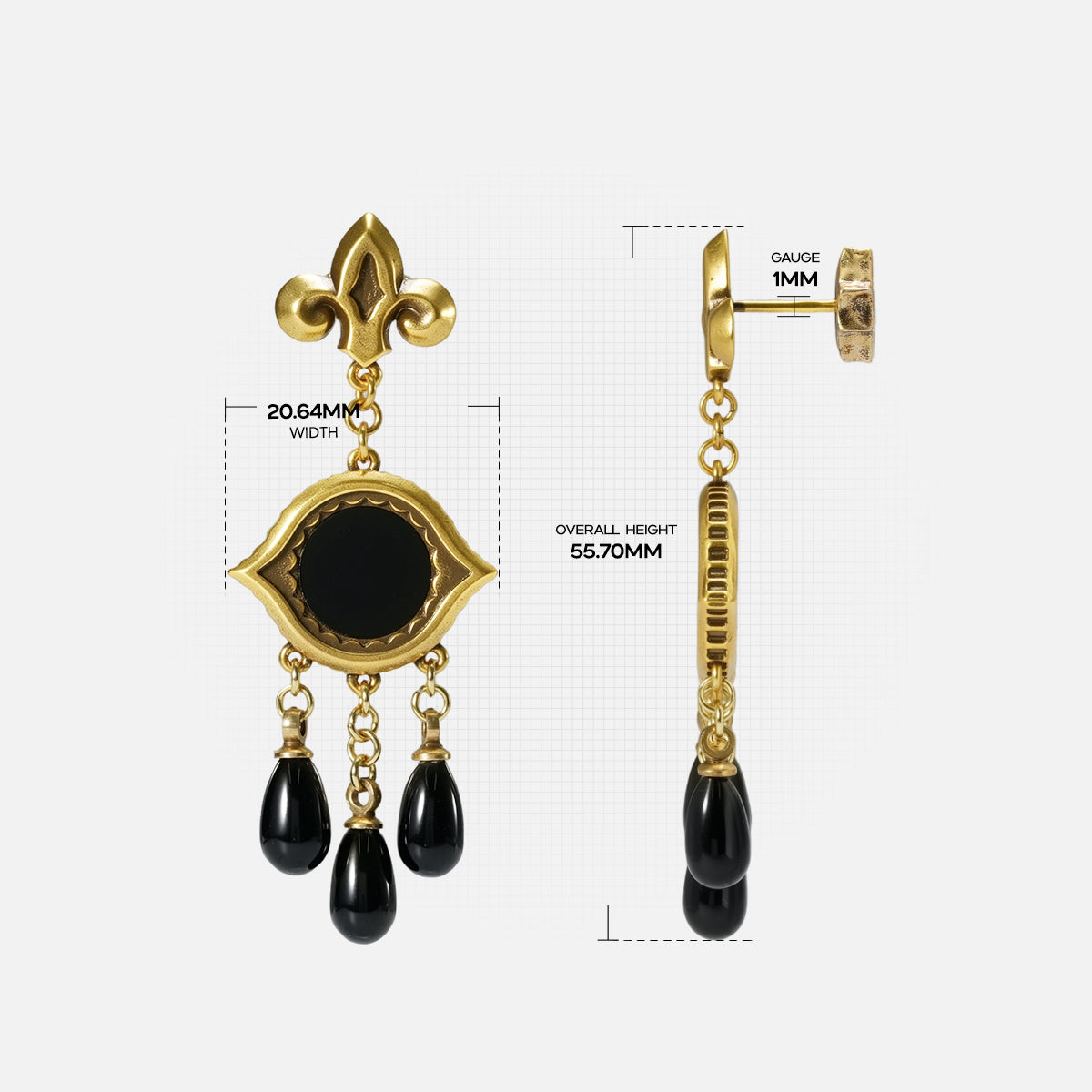 Size guide for the gold-tone Votive Mirror Earrings showing the earring length, side profile, and overall dimensions.