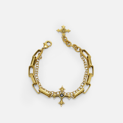 Vowbound Chain Bracelet in antiqued 18K gold with gothic chain and cross-inspired black obsidian details, shown on white.