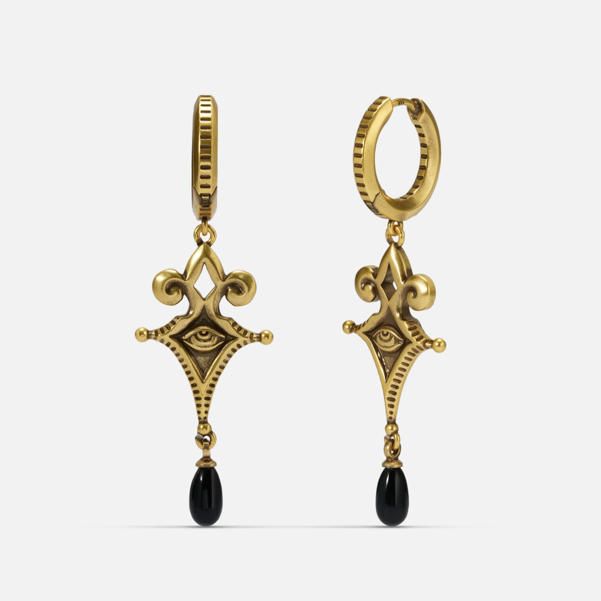 Gold-tone Watcher’s Tear Earrings shown from front and side views with engraved eye motifs and black teardrop accents.