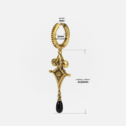 Size guide for the gold-tone Watcher’s Tear Earrings showing the hoop, ornamental frame, and overall drop dimensions.