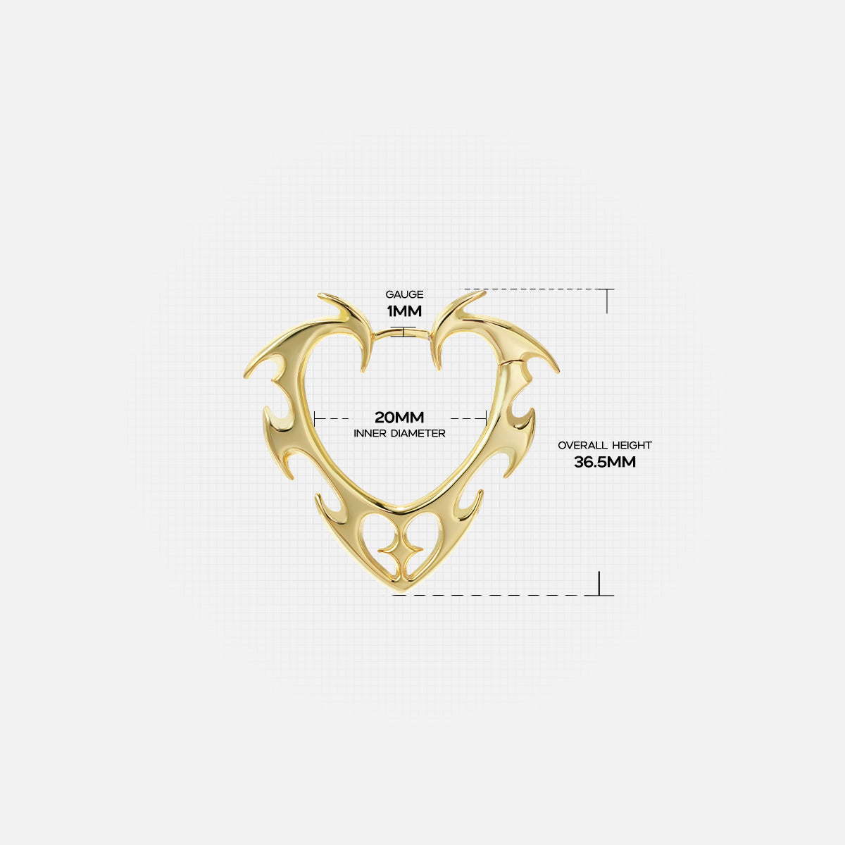 Gold Wild Heart earring with open thorn-edged heart and dimensions
