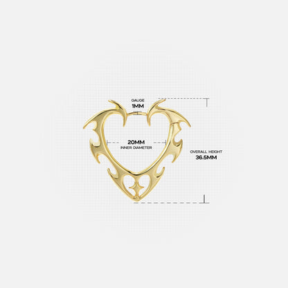 Gold Wild Heart earring with open thorn-edged heart and dimensions
