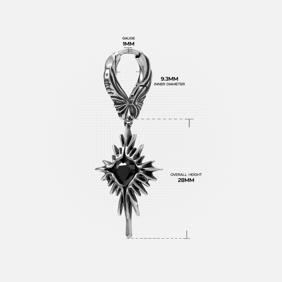Silver-tone Winged Heartburst hoop earring dimension guide showing hoop diameter and overall drop height