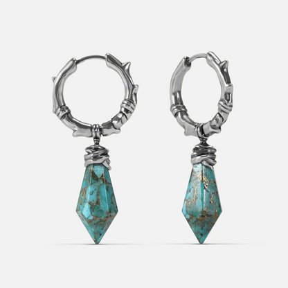 Wrapped Relic Earrings in 925 sterling silver, pair shown front and back on white, featuring faceted turquoise relic drops.