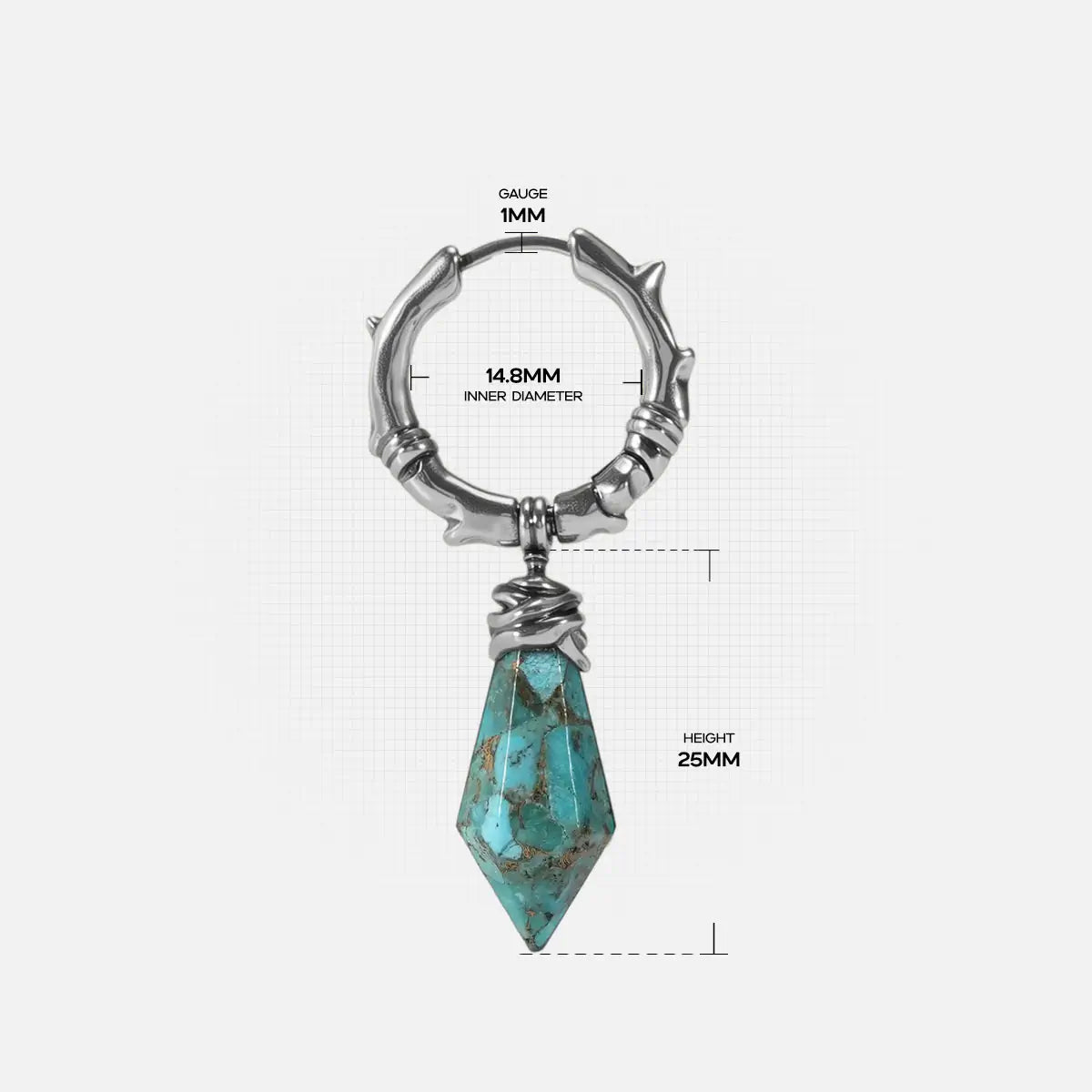 Dimension guide for the Wrapped Relic Earrings in 925 sterling silver, showing hoop diameter, gauge, and relic drop height.