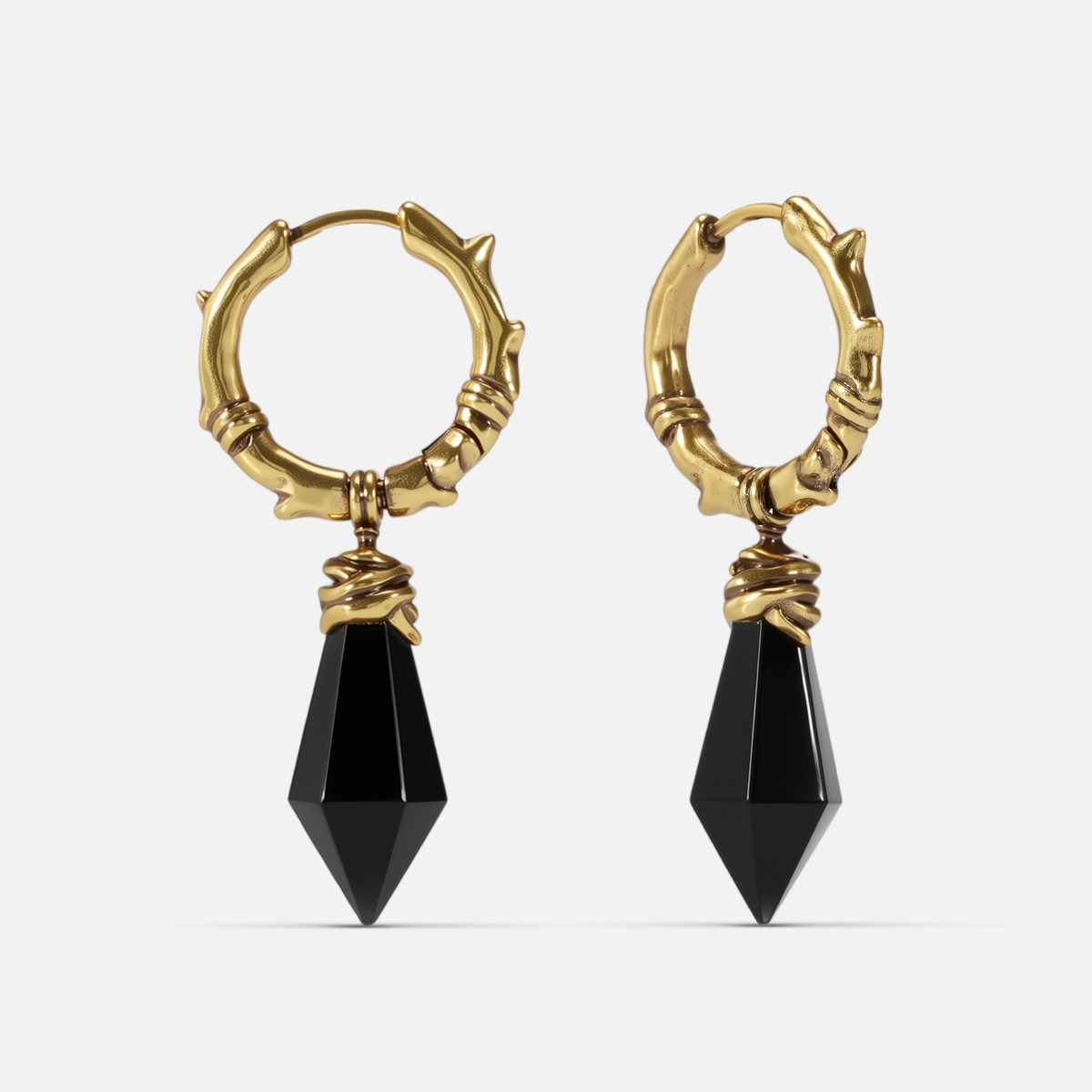 Wrapped Relic Earrings in gold-tone brass with black obsidian dagger drops and hammered hoops