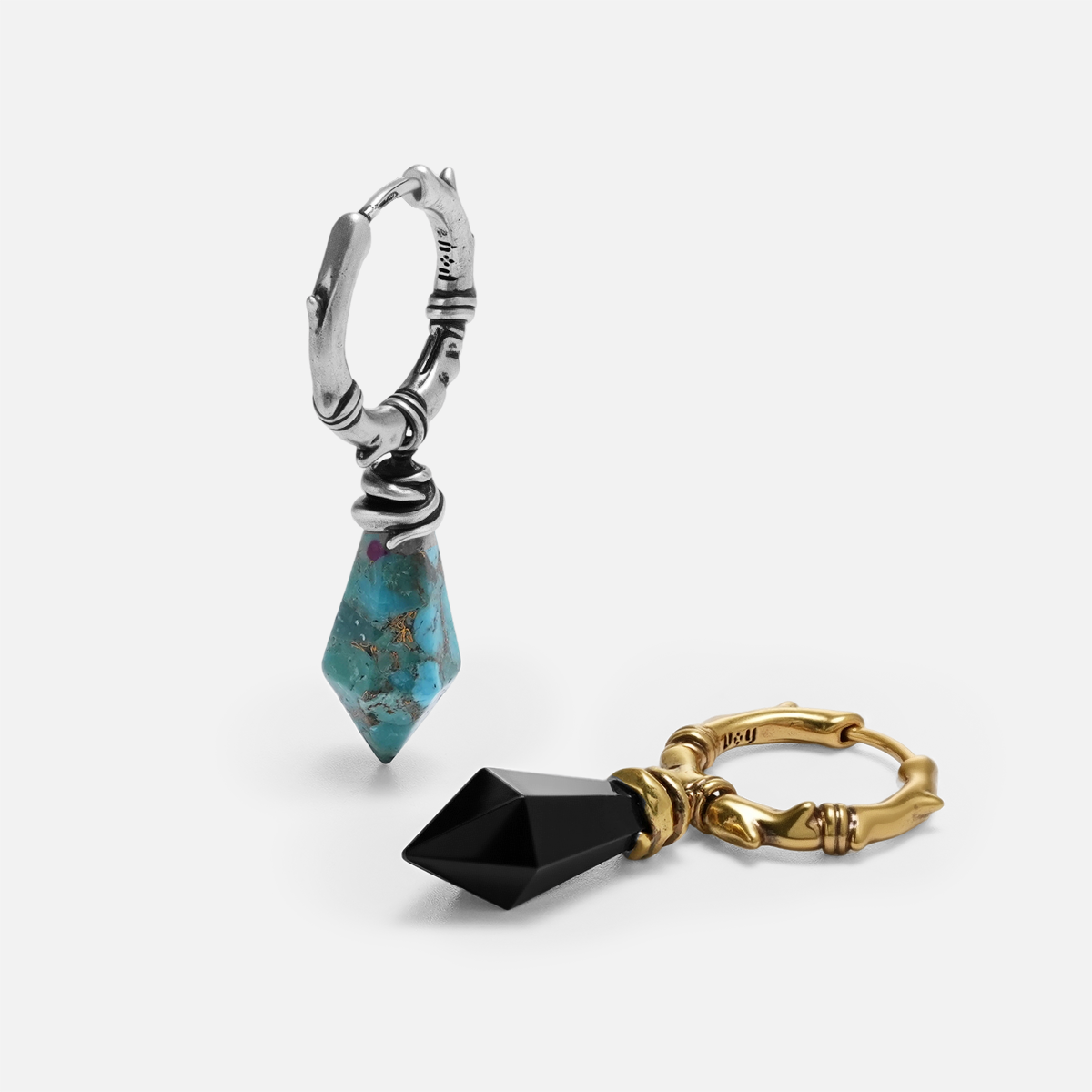 Wrapped Relic Earrings shown in silver and gold tones with turquoise and obsidian stone options