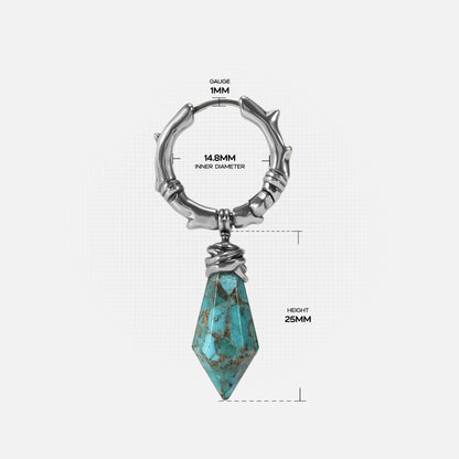 Wrapped Relic Earrings size guide showing hoop diameter and dagger drop length
