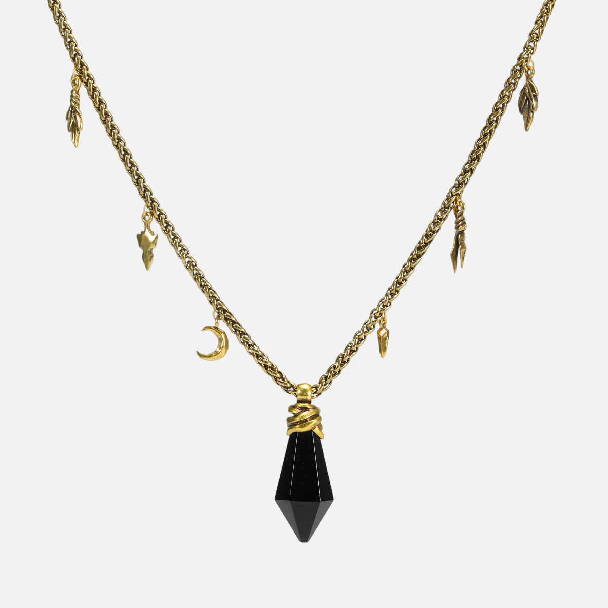 Wrapped Relic Necklace in 18K gold plating with black obsidian stone pendant and antiqued finish