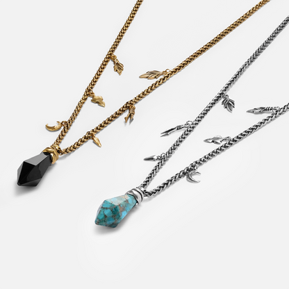 Wrapped Relic Necklace shown in silver and 18K gold plating with turquoise and obsidian stone options