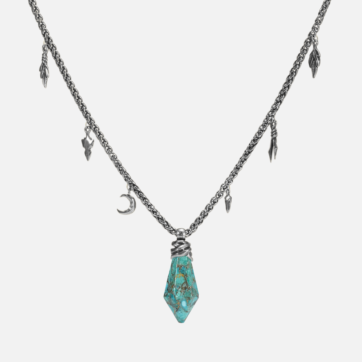 Wrapped Relic Necklace in silver plating with turquoise raw stone pendant and antiqued charm chain