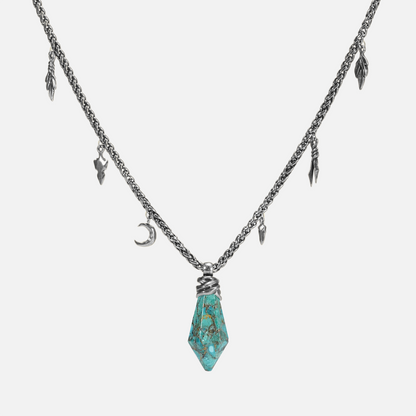 Wrapped Relic Necklace in silver plating with turquoise raw stone pendant and antiqued charm chain