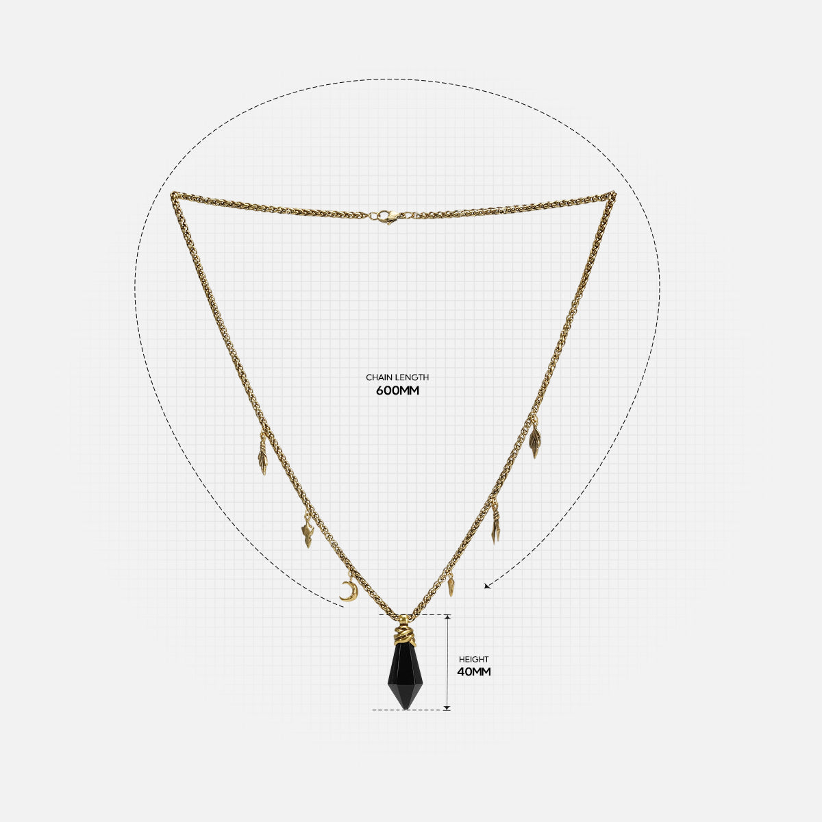 Wrapped Relic Necklace size guide showing chain length and raw stone pendant proportions