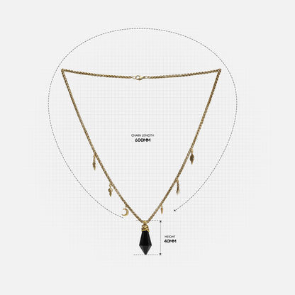 Wrapped Relic Necklace size guide showing chain length and raw stone pendant proportions